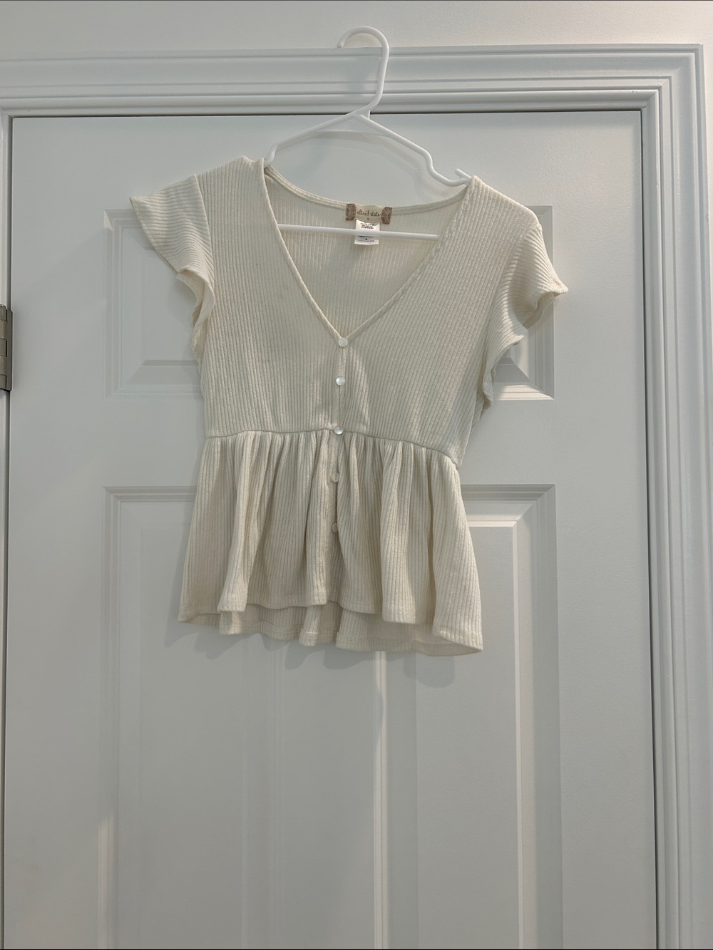 Altar’d State Light Cream Ribbed V-Neck Peplum Top